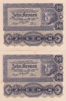10 Korona 1922  Sorszámkövető 2 db egyben   A képen látható Szép állapotban