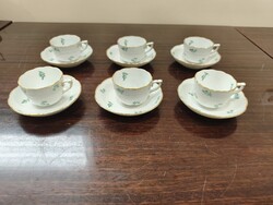 6 db Antik Herendi zöld virágmintás porcelán kávés csésze+ alj