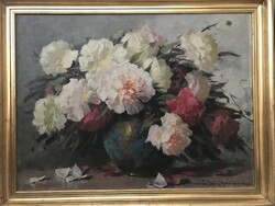 Henczné Deák Adrienne :Bazsarózsák aranyfényű zöld vázában  nagy méret : 60x 80 cm