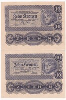 10 Korona 1922  Sorszámkövető 2 db egyben   A képen látható Szép állapotban