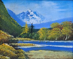 Festői alpesi tó és hegycsúcs - olaj, vászon