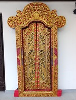 Antik Thaiföld buddhista ajtó faragott festett aranyozott keményfa muzeális népművészeti bútor 555