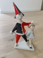 Ritka Art Deco Hollóházi porcelán Bohóc páros / Harlekin figura kislánnyal (22 cm)