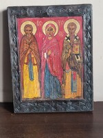 Antik pravoszláv ikon – Gyönyörűen kidolgozott, fémborítású fatábla (26x20 cm)