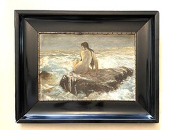 NŐI AKT A SZIKLÁN - ANTIK, OLAJ, KARTON, TENGERPARTI, TÁJKÉP FESTMÉNY, EREDETI KERETBEN 66 X 52 CM