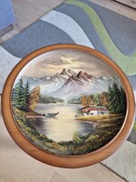 Hangulatos alpesi idill – fára festett olajkép, jelzés nélkül, átmérője 42cm