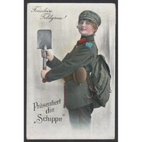 Németország,Szatirikus katonai képeslap - Katonanő bemutatja a lapátot 1915