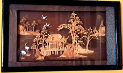 Kínai parafa diorama kép 35 x 21 cm nagyságú, fekete lakk keretben