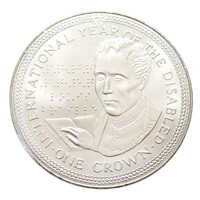 Man, Island, 1 Crown 1981 - Year of the Disabled - Louis Braille aUNC+ Nickel