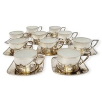 Art deco ezüstözött Argentor teáskészlet Karlsbad porcelán betéttel, 10 személyes - 53752