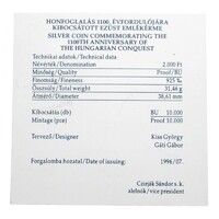 Magyarország,2000 forint 1996 - Honfoglalás - Certifikáció