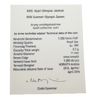 Magyarország,5000 forint 2016 PP - Riói Olimpia - Arany - Certifikáció