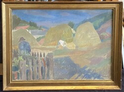 JAKUBA JÁNOS (1909-1974) KÉPCSARNOKOS TÁJKÉP FESTMÉNY, EREDETI KERETBEN 81 x 61 CM