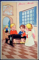Art deco grafikus Újévi üdvözlő képeslap - gyerekek, játék, angyalka , iskola , térkép