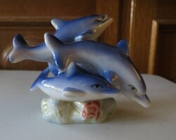 Régi retro kerámia delfin család szobor nipp 13x10 cm