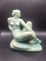 Ritka Komlós Art Deco Türkiz Kerámia Női Akt Szobor (cca. 1930-as évek)