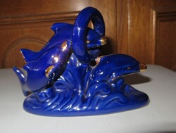 Régi retro kobaltkék kerámia delfin nipp figura arany díszítéssel 13 cm 2.