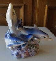 Régi retro kerámia delfin család szobor nipp 14 cm