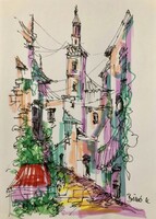 Hangulatos utcakép ! 21x15 cm, toll, akvarell. Rajongóknak kötelező!