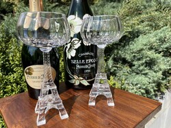 CHAMPAGNE CLUB - Vintage kristály pezsgős- és borospohár pár Eiffel-torony szárral, 1970-es évek