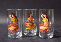 Ritka retro Pin-up lány erotikus akt dekor 3 db üveg pohár 1960-70-es évek