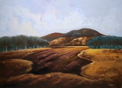 Tímár József: Dunántúl - 80x60 cm olajfestmény, Képcsarnok - Dombos táj - barnás árnyalatú kép