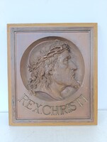 Antik Jézus király szobor nehéz domborított réz patinás Krisztus keresztény templom keretben 628