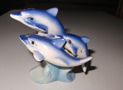 Régi retro mázas kerámia delfin család szobor nipp 9x9 cm