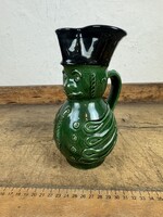-AX673- Zöld mázas Miska kancsó népi kerámia huszár kulacs boros korsó cserép figura miskakancsó