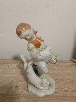 Eredeti Herendi porcelán figura – Kislány cicával, szignózott, hibátlan