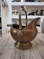 Antik Vörösréz Kaspó Porcelán Fogantyúval Delfti Mintás.Oroszlánfejes Réz Díszítéssel.