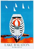 Régi retro Balaton plakát Balogh István reprint nyár csónak csíkos labda vitorlás nosztalgia reklám