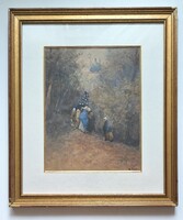 Paolo Sala(1859-1924): Templomba menők. Jelzett akvarell festmény. Gyűjteményből.