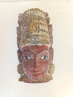 Antik hindu szobor Devi istennő patinás festett indiai fa maszk India 712 7168