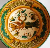 Szabó Kinga nagy méretű madaras/pávás tál  1965 - 30.5 cm
