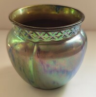 Zsolnay eozinmázas Art Deco kaspó – Pécs – öttornyos exportjel – kb. 1930–1945