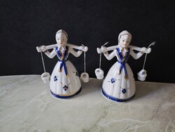 Kézzel festett kobaltkék-arany porcelán vízhordó lány pár (2 db) – Hibátlan!