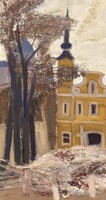 Balogh Ervin: Tabán - 93x50 cm nagyméretű olajfestmény - Budapesti utca a Szent Katalin-templommal