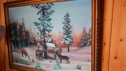 Retro szignózott erdei vadász életkép