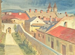 Egri háztetők - 80x62 olaj-vászon nagyméretű olajfestmény - Eger látképe, színes városkép, tájkép