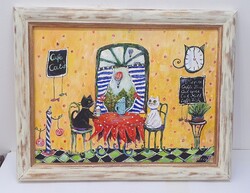 Vidám, kávézó cicák, kortárs festmény 30x40 cm