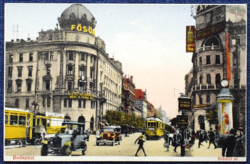 Budapest - Rákóczi út , villamos, automobil, Fanto benzin, sok reklám  - antik litho képeslap