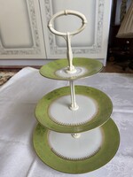 Czechlovák gyönyörű 3 emeletes zöld, arany porcelán kínáló.