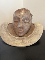 Art deco jelzett pirogránit kerámia női fej