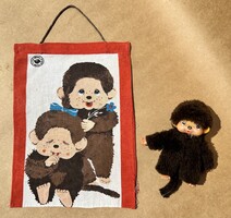 Retro Monchhichi Moncsicsi ritka textil fali kép 29x21 cm és figura 13 cm gyűjtői szett 1980-as évek