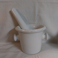Antik nagyméretű porcelán patikai mozsár törővel (13,5x12 cm)