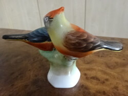 Bodrogkeresztúri mázas kerámia figura, két madár a faágon, magassága 9 cm. Jókai