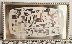 Vintage alumínium B.U.É.K. tálca, szerencsehozó újévi szimbólumokkal