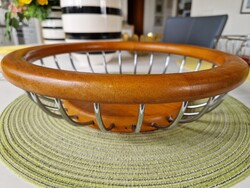 Vintage wood-metal fruit or bread serving bowl – diameter 33 cm, height 9 cm