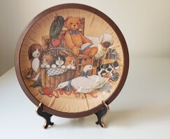 Vintage dekoratív fém tál, tálca – állatos, játékmackós mintával – kb. 26,5 cm